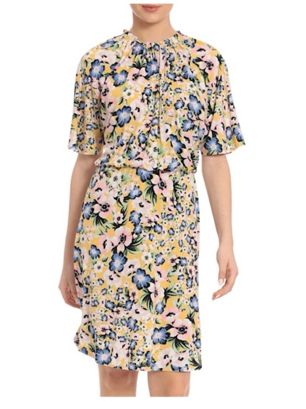 Yellow Floral Midi Dress with Blue and Pink Blooms